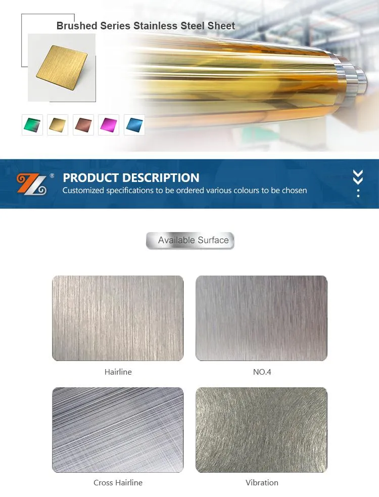 Customized Thickenss 304 Decorative Brushed Hairline Stainless Steel Sheet in PVD Color Coating