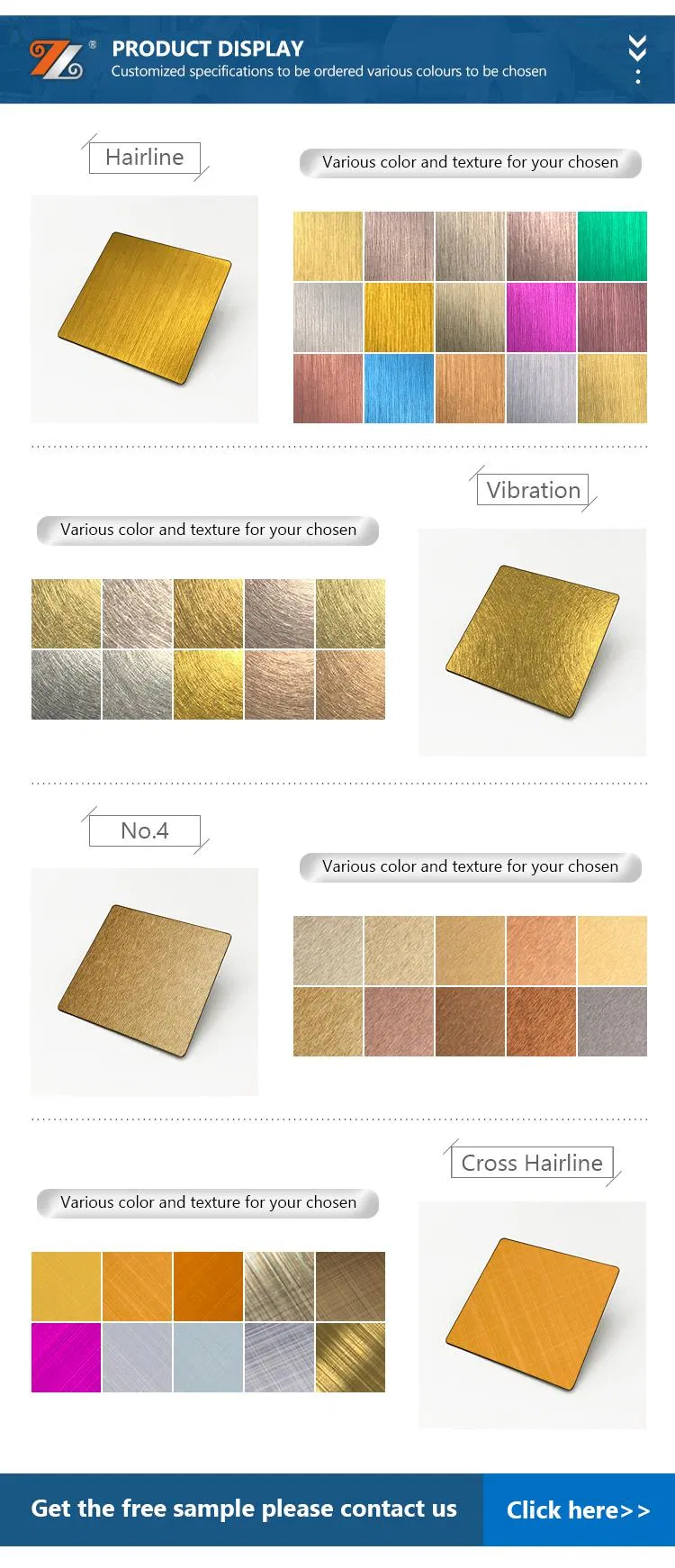 Customized Thickenss 304 Decorative Brushed Hairline Stainless Steel Sheet in PVD Color Coating