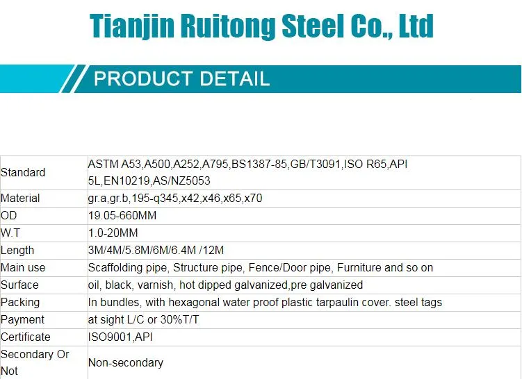 Hot Sale ASTM A53/BS 1387 Black Coating ERW Steel Pipe