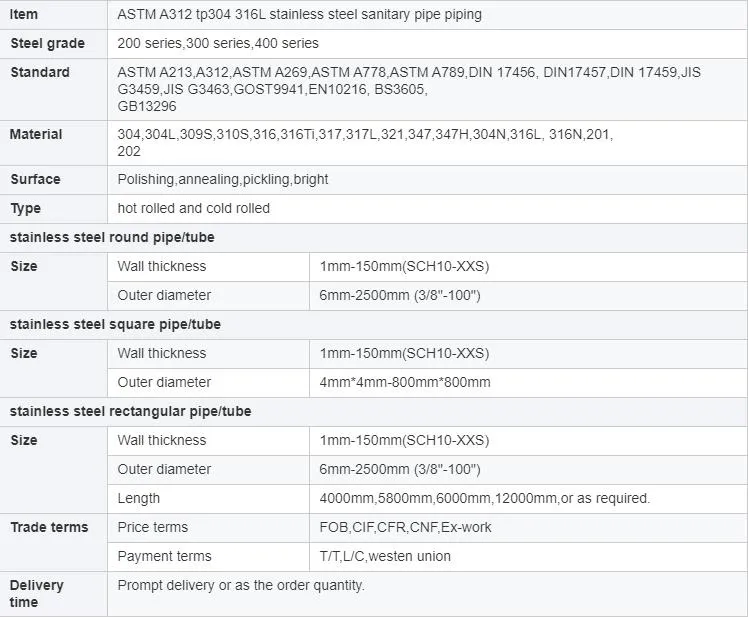 Seamless Stainless Steel 304 Pipe/ 310S 904L Steel Stainless Pipe Fittings Food Grade Sanitary Piping